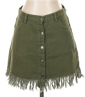 Olive Scent Olive Green Fringed Hem Button Fly Skirt, Utility Boho, Size Large